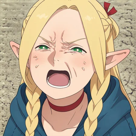 masterpiece, best quality, newest, absurdres, highres, anime, anime style,
BCV1.0, crying, cry, crying with yes open, open mouth, parody, meme, 1girl, marcille_donato, \(dungeon meshi\), choker, braid, blue dress, blonde hair, red choker,