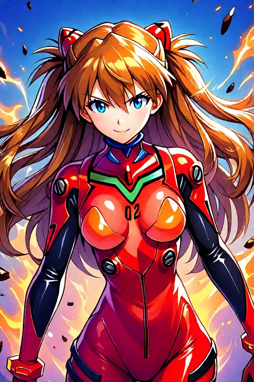 masterpiece, best quality, 1girl, solo, (curvy), cute, eyelashes, (beautiful detailed eyes), ,,, asuka langley soryu, long hair, bangs, blue eyes, brown hair, hair ornament, bodysuit, pilot suit, plugsuit, red bodysuit, interface headset, solo, looking at viewer, upper body, aura, blue sky, , BREAK, smile, looking at viewer, cowboy shot, ,,, <lora:EnergyCATIllustrious_v1:1.0>,