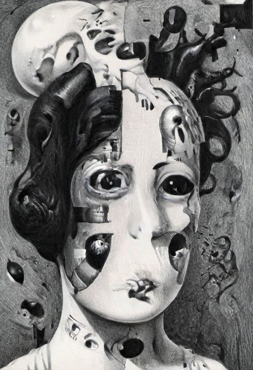 Monochrome black and white, Giger, Beksinski, Zawadzky, Dali, Magritte, Delvaux, Bellmer, Malevitch, Rodchenko, Mondrian, Kandinsky, Popovna, psychedelic hallucination, pop surrealism, rough crosshatch drawing pop art Lunatic_Portrait of a young woman in latex Avant-garde Fashion page, slick back, low bun, black makeup, sinister expression, intense glare, avant-garde, abstract, weird, geometric, constructivism, suprematism, rayonism, verticism, lineism, tj, Avant-garde Fashion page, Lunatic_Portrait, pop surrealism, pop art, drawing, painting, tj, JimmyAlonzo, Surreal psychedelic bizarre, pencil, drawing,  by Brian Selznick, JuggernautNegative, jorg karg