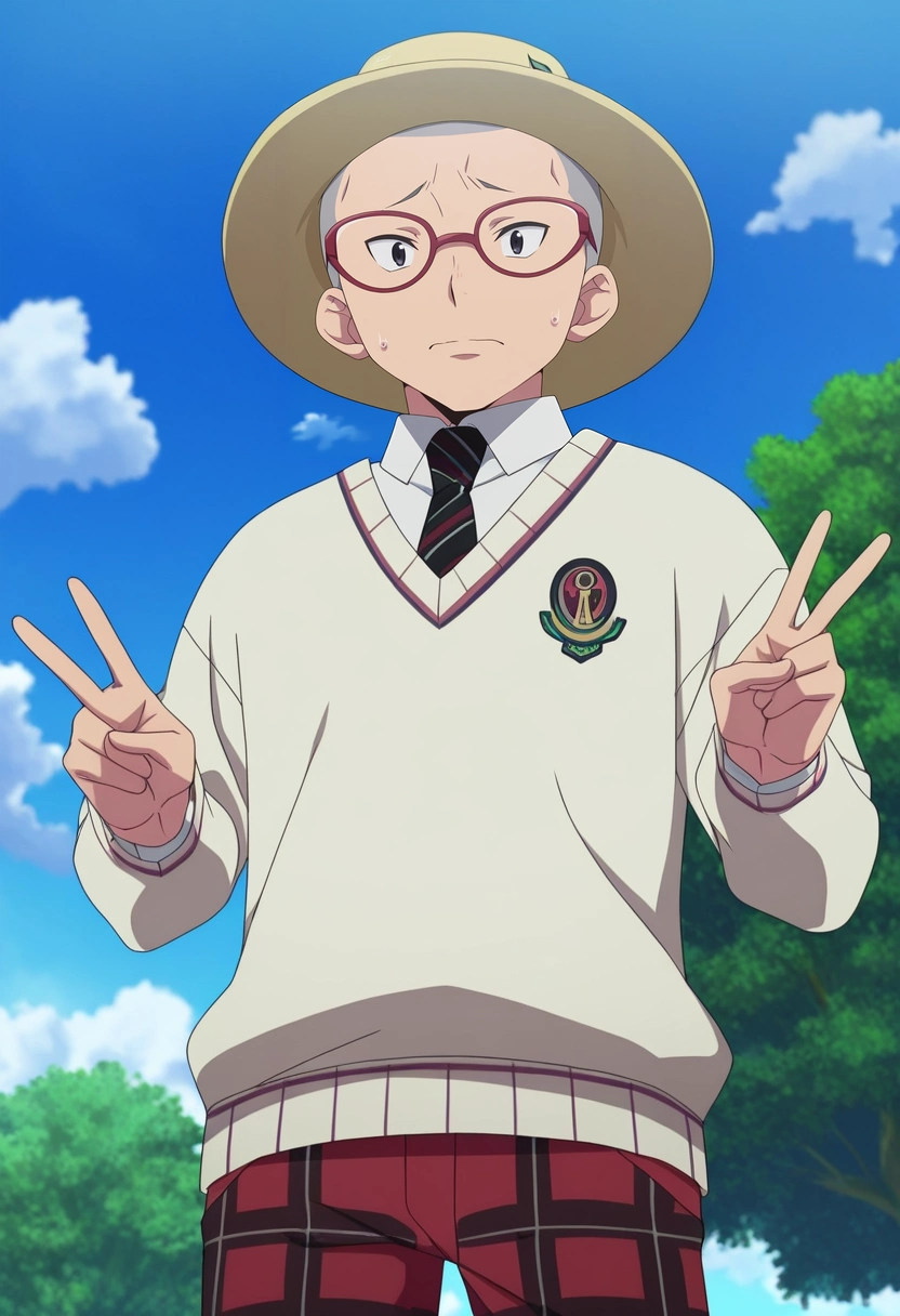 masterpiece, best quality, anime screencap, official style, anime coloring, cowboy shot, 1boy, solo, male focus, <lora:konekomaru_miwa_ilxl:0.96>, konekomaru_miwa, grey hair, black eyes, bald, glasses, red-framed eyewear, white shirt, collared shirt, black necktie, striped necktie, from below, park, day, clouds, v, peace sign, nervous, Tartan Pleated golf pants, Polo sweater, Brogues, Panama hat,