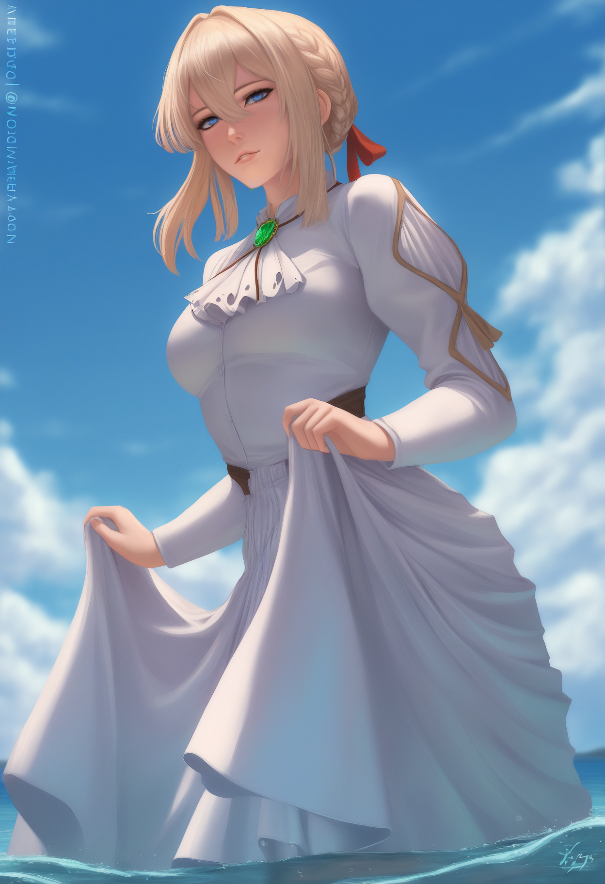 (sciamano240:0.6), (zumidraws:0.4), masterpiece, best quality, <break> solo, 1girl, vltevrgrdn, looking at viewer, wading, skirt hold, long hair, blonde hair, hair between eyes, hair intakes, french braid, braided bun, hair ribbon, red ribbon, blue eyes, long dress, white dress, white ascot, bolo tie, brooch, green gemstone, long sleeves, blue sky, cloud, ocean, water
<segment:yolo-Anzhc Face seg 640 v2 y8n.pt,0.4,0.5//cid=1>