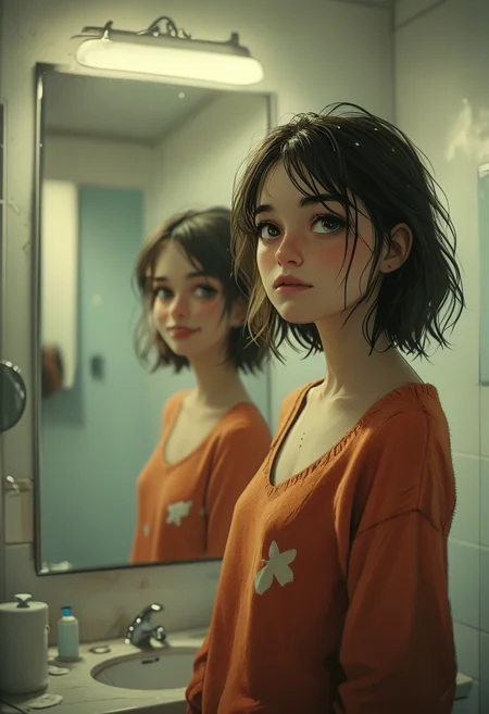 cinematic photo graphic novel, masterpiece, crazy quality and very detailed, Insane quality. Insane resolution. Insane details. Masterpiece. 32k resolution, depth of field
a girl wearing a sweater that is too big, looks in a mirror, in the bathroom, face with an expression of worry and sadness, reflection in the mirror with a disturbing smile
 <lora:Cute_Drawing:0.4> <lora:MJ52:0.8> <lora:hand 4:0.6> <lora:add-detail-xl:2>
Wide range of colors., Dramatic,Dynamic,Cinematic,Sharp details . 35mm photograph, film, bokeh, professional, 4k, highly detailed