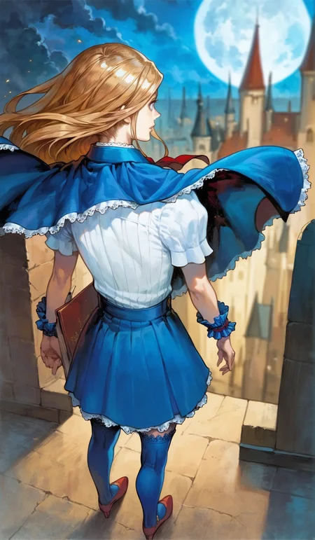 score_9,score_8_up,score_7_up,
highres,highly detailed,
<lora:CharlotteAulin:1>,
charlotteaulin,
1girl,solo,
brown hair,long hair,
blue eyes,
blue cape with white lace trim,white thigh length dress,white lace trim collar,red tie with white lace trim,short puffed sleeves,blue wrist cuffs,(blue wrap skirt:1.2),
blue lace thigh socks,red heels,
full body,back view,from above,standing from rooftop,overlook,
blurry background,vignetting,outdoors,castle,(night:1.2),dark,full moon,dark,light particles,cloudy,rainy days,