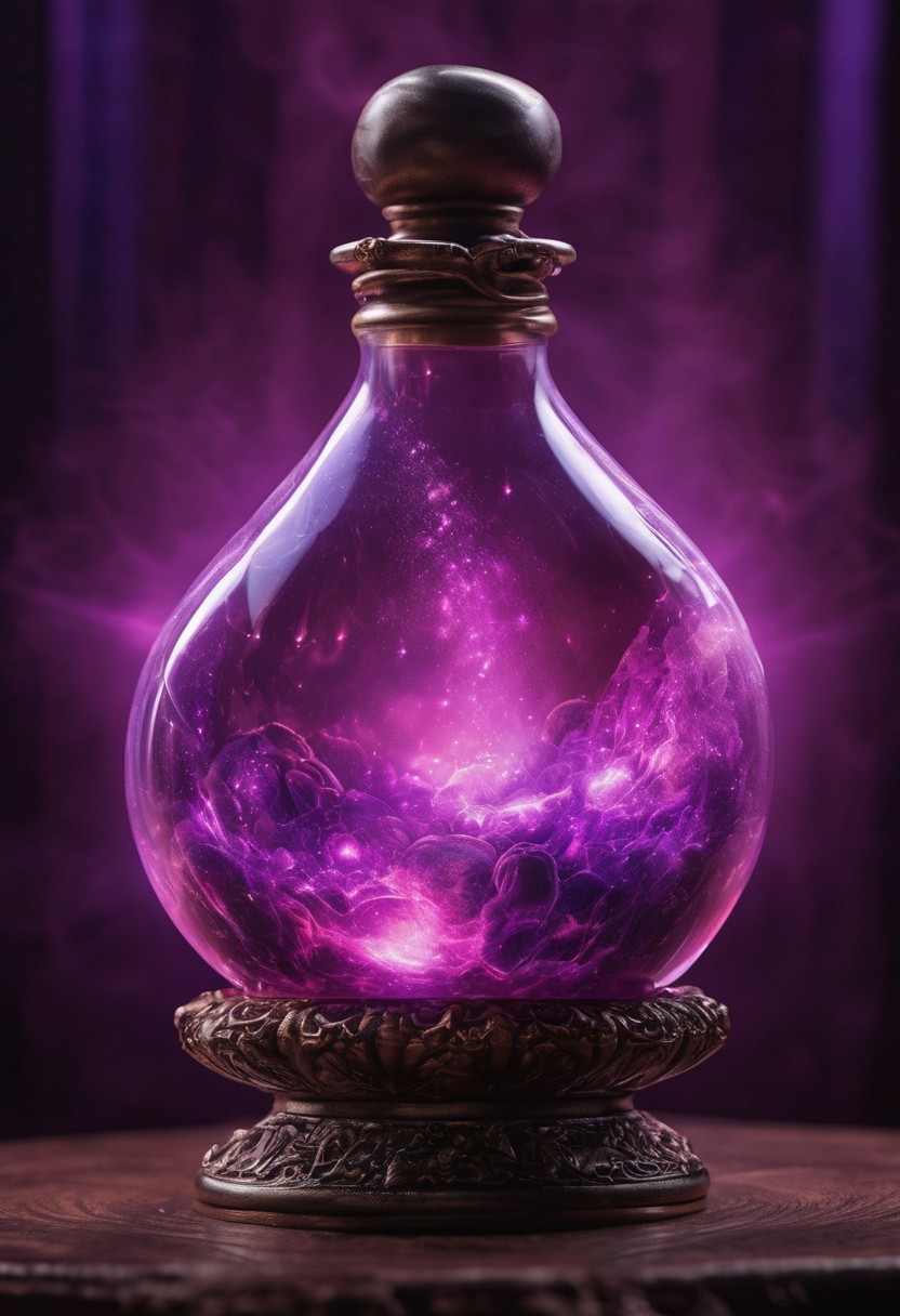 Score_9, Score_8_up, Score_7_up, Score_6_up, Score_5_up, Score_4_up, high_def, highest quality, 4k, best quality, masterpiece, no humans, object focus, focused, defined, (Photorealistic magic potion:1.3), intricate glass bottle, elixir, (skull inside potion:0.7), vivid purple colors, pink hues, bubbling, ethereal light, flashy lights, magic lights, luminous, dynamic reflections, magical aura, highly detailed, fantasy essence, glowing particles, radiant aura