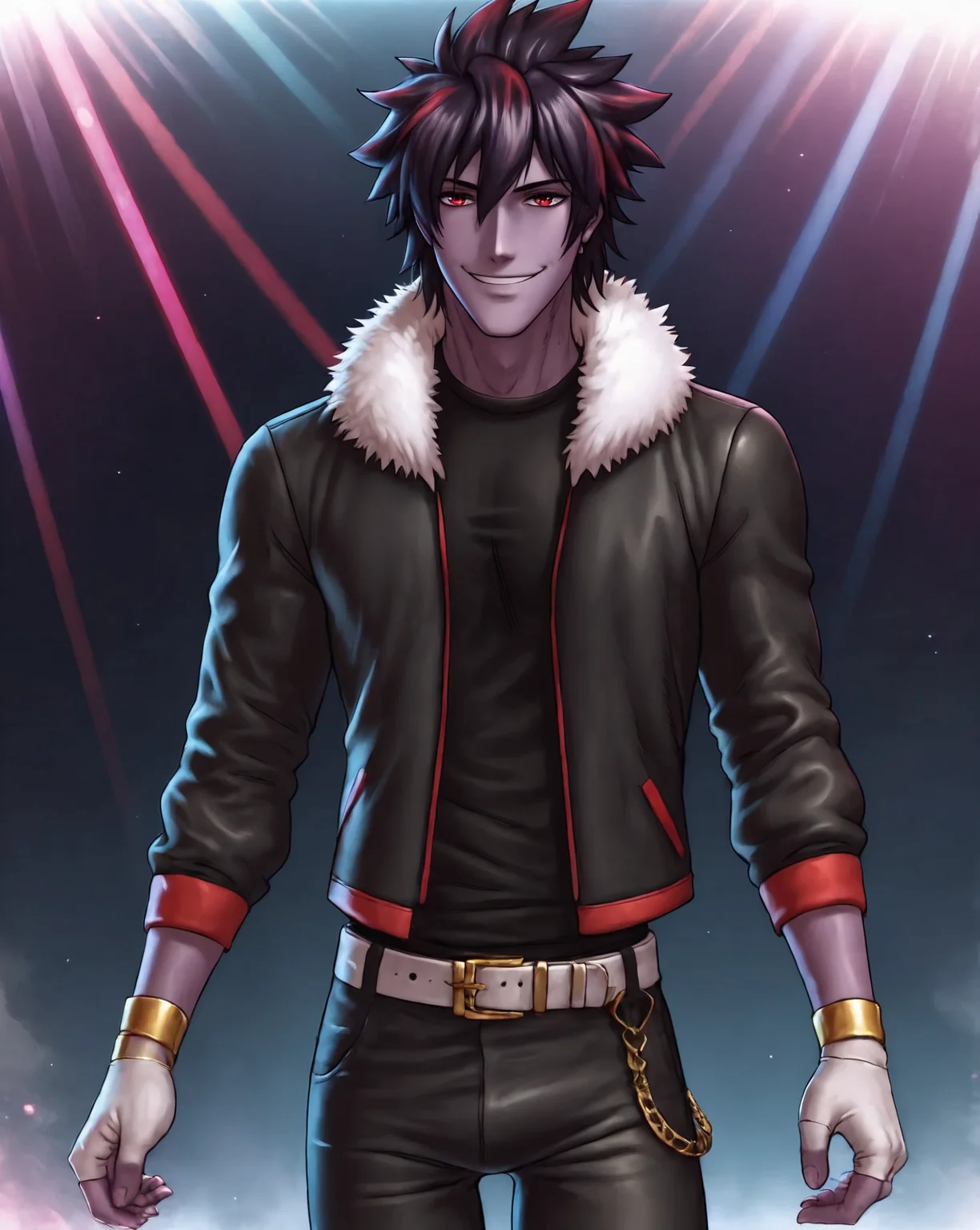score_9, score_8_up, score_7_up, rating_questionable, intricately detailed, high resolution, 
<lora:Echo_Gayharem:0.8>,
1boy(echo_gh, purple skin, black pants, white belt, black shirt, white fingerless gloves, black jacket with white fur collar, gold bracelets, cowboy shot, thigh up focus, slight smile, looking at the viewer, solo), front view, disco, at night, dark room, low light, indirect lightning,
detailed background, depth of field, 
<lora:ral-chrosc-clr:0.7>, ral-chrosc-clr,
<lora:Expressive_H:0.5>, Expressiveh,
<lora:xl_more_art-full_v1:0.3>,
<lora:add-detail-xl:0.3>