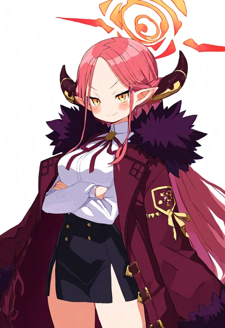 masterpiece, best quality, medium breasts, (curvy), zzAru, yellow eyes, pink hair, long hair, demon horns, halo, brown coat, white shirt, black skirt, red ribbon, fur-trimmed coat, , <lora:AruBlueArchive_NAI:1.0>,, smile, looking at viewer, cowboy shot, <lora:HaradaTakehito_NAI:0.8>, <lora:ZankuroStyle_NAI:0.5>,