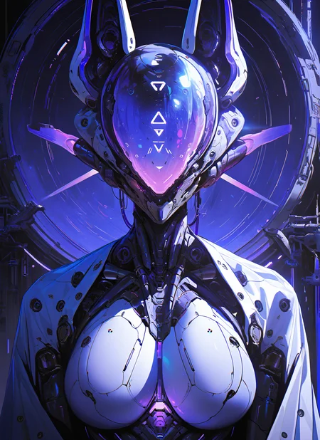 masterpiece, best quality, newest, absurdres, highres, painting, mcnm, cyborg, large breasts, horns, fox ears, soft glow, purple intricate helmet, closeup, facing viewer, detailed, <lora:Mechanism-Illustious:1.0>