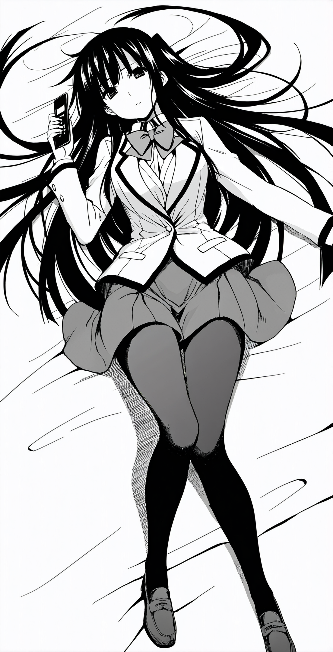 <lora:ãILXLãSerika-000010:1>,
1girl,monochrome,greyscale,solo,long hair,pantyhose,school uniform,bow,skirt,loafers,jacket,lying,phone,looking at viewer,on back,white background,dutch angle,from above,
masterpiece,