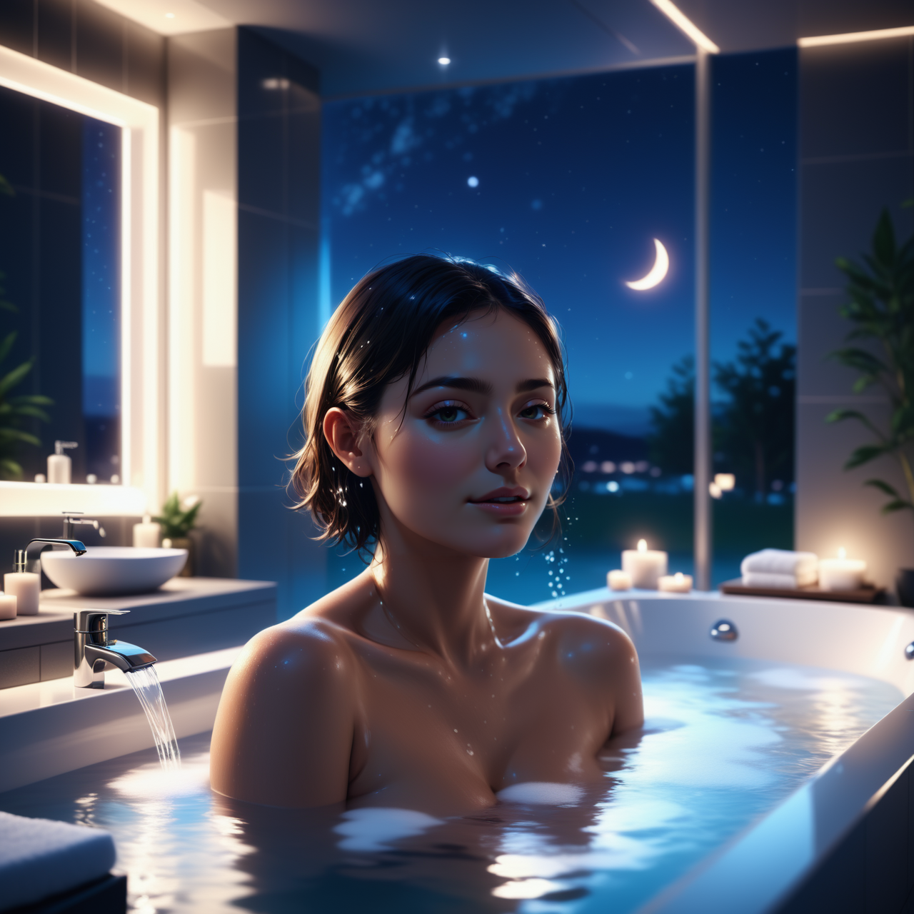 a close up of SeijSDXL, taking a bath in a Jed-Modern bathroom , nightsky, masterpiece, full of details,ambient light, photorealistic, sharp and in focus  <lora:ModernInteriorSDXL:0.7>  <lora:SeijSDXL:0.7>