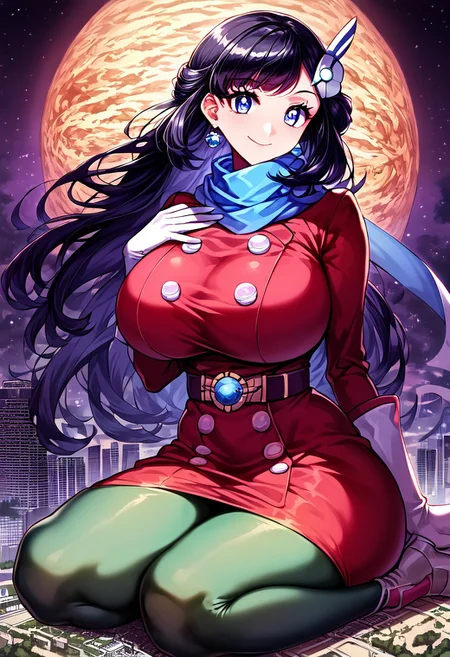 gorgeous lips, cinematic, (masterpiece), (best quality), (ultra-detailed), very aesthetic, perfect composition, intricate details, absurdres, detailed face, (anime, masterpiece, intricate:1.3), (best quality, hires textures, high detail:1.2), score_9, score_8_up, score_7_up, source_anime, 1girl, pokemon dawn, black hair, blue eyes, sidelocks, long hair, eyelashes, hair ornament, scarf, dress, red dress, long sleeves, buttons, gloves, white gloves, belt, pantyhose, green pantyhose, laced heels, white footwear, skirt, flower patterns, alternate_costume, butterflies, massive breasts, facial expression, kind, soft eyes, head tilt, slightly smiling, closed mouth, hand on breasts, goddess, planet size, giantess, enormous body, growing even bigger, larger than cities, towering over cities, small planet, sitting on a the floor, floating object, gradient eyes, beautiful detailed eyes, city background, city, building, skyscrapers, in the city, surrounded by buildings, holding planet, (masterpiece:1.4), (best quality:1.4), (ultra-detailed:1.2), gl0w, glow,