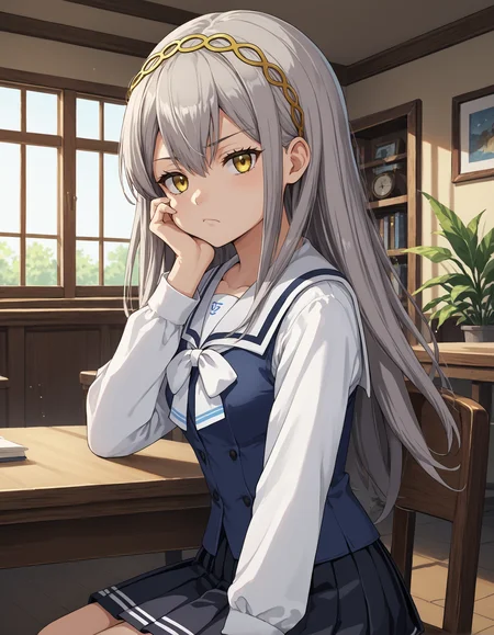 score_9, score_8_up, source_anime, 1girl, upper body, medium shot, detailed, mgrckurehayuna, grey hair, long hair, yellow eyes, yellow hairband, white shirt, white sailor collar, dark blue vest, white bowtie, black pleated skirt, sitting, indoors, chair, table, hand on cheek, bored, cabinet, <lora:mgrckurehayuna_XL:1>