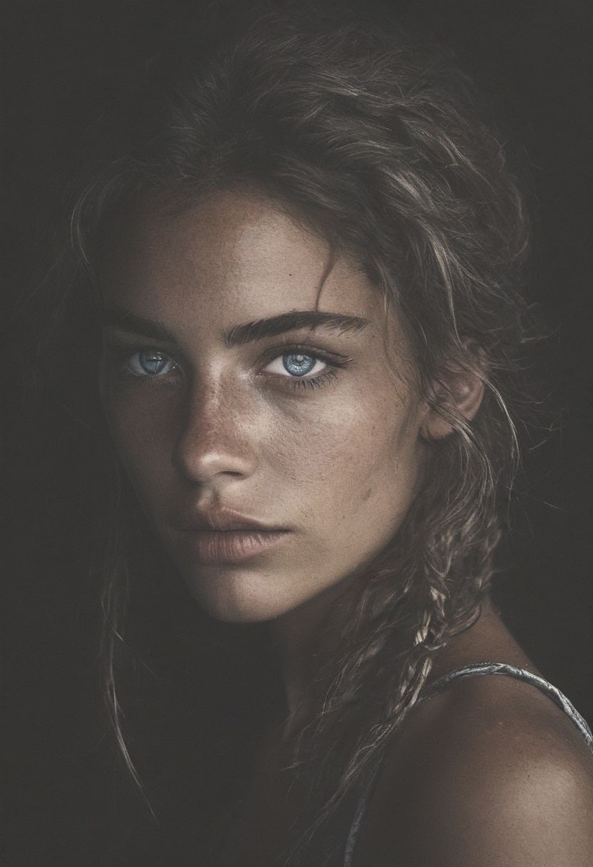 closeup portrait, dark photo of a cute 20-year-old Caucasian woman with (tanned skin:0.8) and (freckles:0.6) and piercing blue eyes and white hair tied back in dreadlocks wearing a tanktop, shallow depth of field, vignette, highly detailed, moody, epic, gorgeous, film, atmospheric haze, dynamic lighting