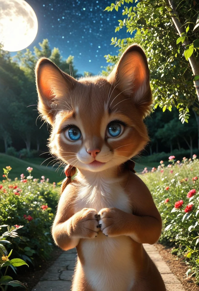(masterpiece:1.5), 8k, best quality, ultra-detailed, (high res), cinematic lighting, beautiful lighting, high quality, studio quality, detailed, insanely detailed, extreme detail, refined detail, perfect detail, max detail, smooth lighting, detailed background, hyper detailed body, beautiful lighting, vibrant lighting, global illumination, absurdres, high-res, dynamic lighting, score_9, score_8_up, score_7_up, ponypositive, 50 girl, looking at viewer, (narrow waist, skinny, small body, slim), (outdoors, floral garden), bright lighting, daylight, sunshine, cute, kawaii, (closed mouth), happy, ((standing)), alone, gleaming eyes, large eyes, ((cowboy shot)), (hands at the sides), (rating_safe, sfw), source anime, <lora:xl_more_art-full_v1:0.8> , PonyXLV6_Scores, unity 8k wallpaper, perfect anatomy, <lora:PerfectEyesXL:1> , perfect eyes, <lora:hand 5.5:1> , perfect hands, detailed hands, winnie, furry female, brown fur, blue eyes, low twintails, earrings, chibi, night, starry skies, moonlight, large Moon,