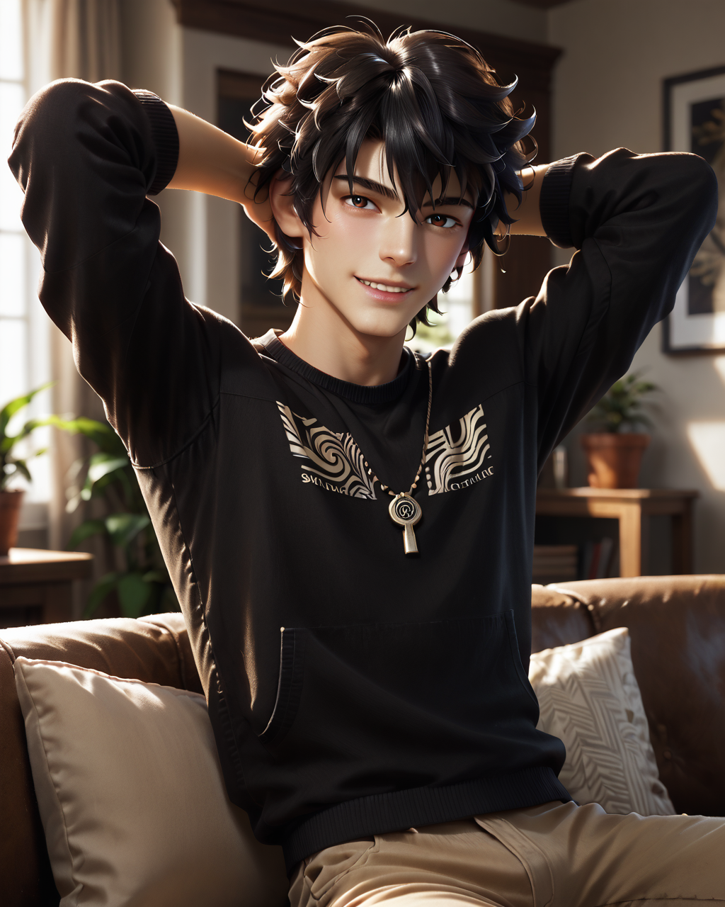 score_9, score_8_up, score_7_up, intricate details, rating_questionable,
<lora:homri52:1>
,
<lora:minato:0.8>, 1boy(boy, male, minato, black messy hair, red-brown eyes, looking at the viewer, solo, happy, 
cowboy shot, sitting on a sofa, leaned back, arms raised, hands behind head, typical clothing), comfy living room, at night, dark room, low light,
highres,
detailed background, depth of field, 
<lora:ral-chrosc-clr:0.5>, ral-chrosc-clr,
<lora:Expressive_H:0.5>, Expressiveh,
<lora:xl_more_art-full_v1:0.3>,
<lora:add-detail-xl:0.3>,