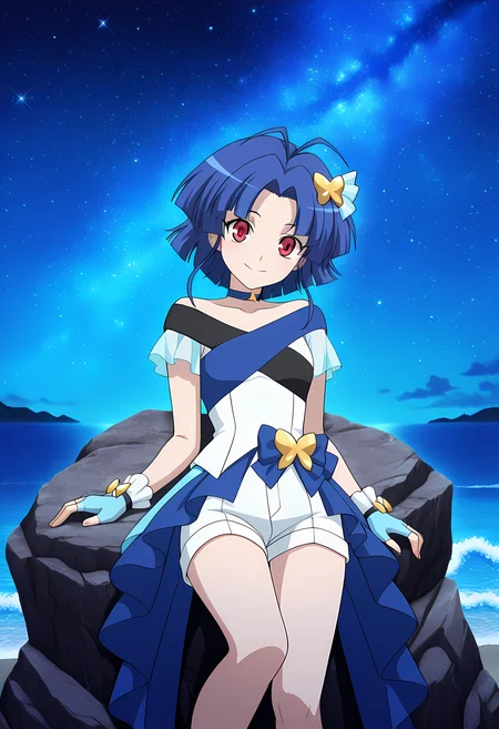 masterpiece,best quality,amazing quality,
solo,
Am Chouno (Cardfight Vanguard), short hair, blue hair, antenna hair, red eyes,
idol outfit, idol, blue choker, blue gloves, fingerless gloves, white shorts,
looking at viewer, smile,
lying, Leaning back on rock,
cinematic,
bloom, night, at beach, starry sky, galaxy sky, glowing blue ocean waves, blue light, detailed shadow,
Official style, anime screencap, anime coloring,