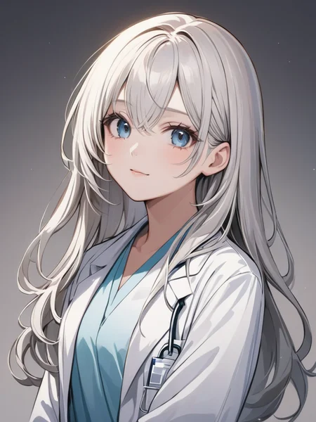 masterpiece,ultra-detailed,best quality,8K,illustration,cute face,clean skin ,shiny hair,girl,ultra-detailed-eyes,simple background, <lora:add-detail-xl:1> <lora:doctor_XL_V1.0:1> doctor, lab coat