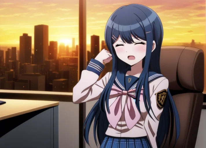 <lora:Sayaka_Maizono_SDXL:1>, This is an anime screencap from Danganronpa 3. Sayaka Maizono wearing her uniform from Danganronpa 1. She has long, dark blue hair flowing past her waist, the hair framing her face cut shorter at elbow-length, with bangs swept to the right. Two thin hairclips can be found pinned on her bangs to her right, another pinned on the left side of her face. Her eyes are round and dark blue. Sayaka wears a light pink ribbon tied in a bow at her collar and a short pleated blue plaid skirt. Sayaka's legwear consists of navy thigh-high socks, the edges striped with a white line. Sayaka's shoes are dark brown Mary Janes with silver buckles. Sayaka's school crest is printed in gold on her collar flap and her left sleeve. Sayaka Maizono is enacting a fist pump . Chiaki's expression is expression filled with desire . Sayaka Maizono is interacting with tired looking, dark rings under eyes, window, sunset, office, cityscape, chair, desk, monitor, computer, hands holding coffee mug, tired, exhausted, sleepy, half closed eyes, messy hair, bags under eyes, closed eyes, tears, crying, clenched fist, frown, Volumetric Lighting, Bloom, Depth of Field