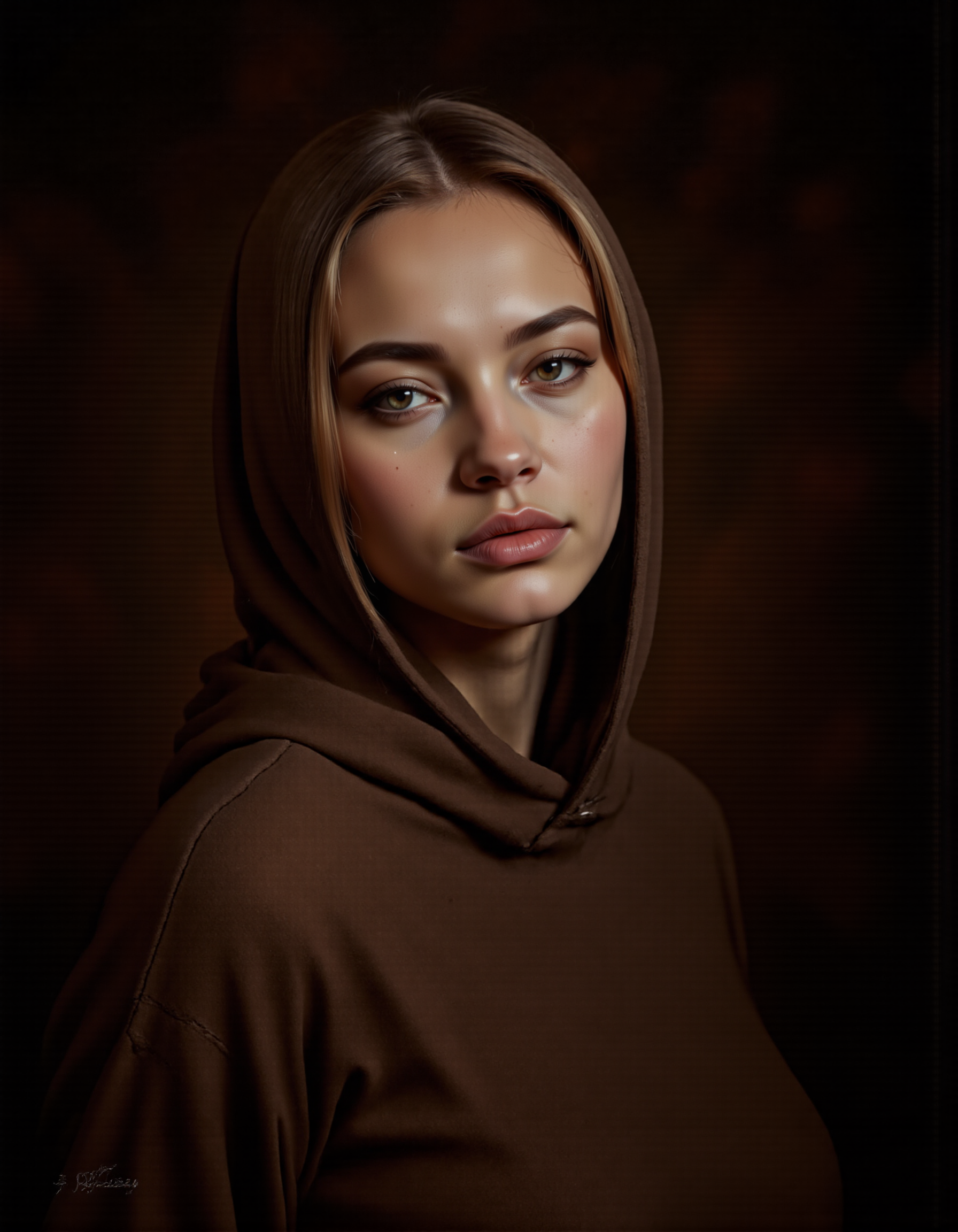 Rembrandt style <lora:seanarcher:1>, This is a high-resolution, professional portrait photograph of a woman, The photographer's name, Sean Archer, is subtly placed in the lower left corner., <lora:Guin-FluxX:0.7>, Guin, <lora:MysticXXX-V7:0.5> . Baroque, chiaroscuro, realistic, emotional, "flat lighting