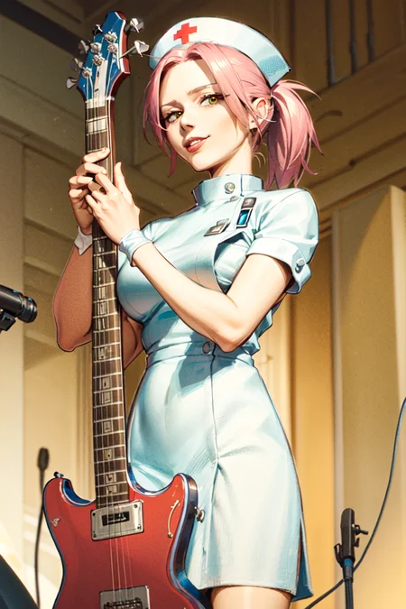 (masterpiece, best quality:1.2), haruko, flcl, nurse outfit, holding, red bass guitar, 1girl, solo, smirk, nurse outfit, large lips, ponytail, bangs, white nurse hat, white nurse outfit, surgical gloves, playing instrument <lora:HARUKO-15:0.8>