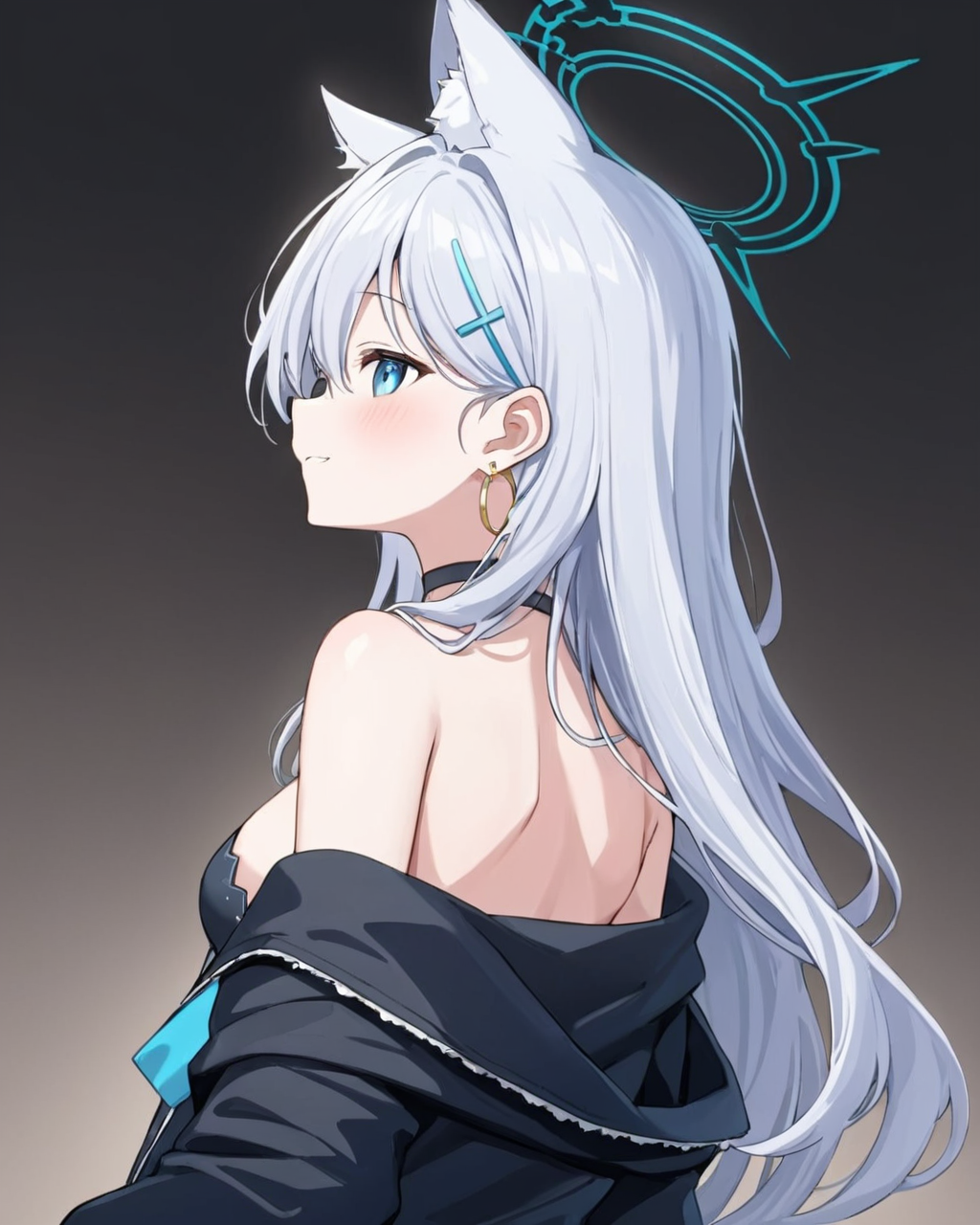 shiroko_terror_\(blue_archive\),1girl, solo, looking_at_viewer, white_background, animal_ear_fluff, black_jacket, bare_shoulders, simple_background, hairclip, halo, black_choker, upper_body, blush, looking_back, off_shoulder, back, long_sleeves, shirt, smile, earrings, open_jacket, from_behind
<lora:shiroko_terror_(blue_archive)_image494_2023-11-18_spv-000045:1>. gorgeous,key visual, vibrant, studio anime,award-winning, professional, highly detailed,high budget, cinemascope