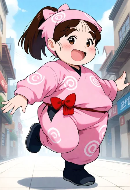 <lora:Hyper-SDXL-8steps-lora:1><lora:Fixhands_anime_bdsqlsz_V1:1>zPDXL2, score_9, score_8_up, score_7_up, source_anime, intricate details, perfect anatomy BREAK
1girl, solo, chibi, ookawashige, plump, pink hood, pink ribbon, brown hair, ponytail, thick eyebrows, black eyes, blush stickers, pink ninja, ookawashige outfit, black shoes,
from side, standing on one leg, Happy, wide smile with raised cheeks and crow's feet around the eyes.,
outdoors, city, tokyo, japan,
<lora:ookawashige_XL(pony)v11:1>