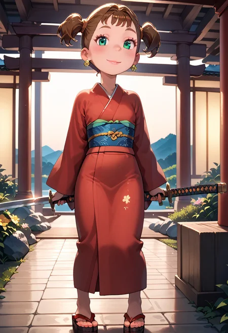 (masterpiece), 8k, best quality, ultra-detailed, (high res), cinematic lighting, beautiful lighting, high quality, studio quality, detailed, insanely detailed, extreme detail, refined detail, perfect detail, max detail, smooth lighting, detailed background, hyper detailed body, beautiful lighting, vibrant lighting, global illumination, absurdres, high-res, dynamic lighting, score_9, score_8_up, score_7_up, score_6_up, score_5_up, score_4_up, ponypositive, 1girl, solo, solo focus, (narrow waist, skinny, small body, slim), looking at viewer, (indoors, japanese temple lake,), bright lighting, daylight, sunshine, cute, kawaii, gleaming eyes, big eyes, (closed mouth), happy, (standing), legs spread, alone, Expressiveh, (hands by sides), Full body, barefoot,  (Dodie_atbg. short twintails, brown hair, earrings, blue aqua eyes, perfect small flat chest natural breasts; red kimono, flowers daisys kimono, Red sandals, hand holding sword katana,
medium hair, makeup),