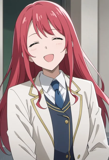 score_9, score_8_up, score_7_up, source_anime, leeler sophia, red hair, long hair, 1girl, solo, blue necktie, jacket, necktie, closed eyes, shirt, collared shirt, school uniform, open mouth, blazer, smile, white shirt, long sleeves