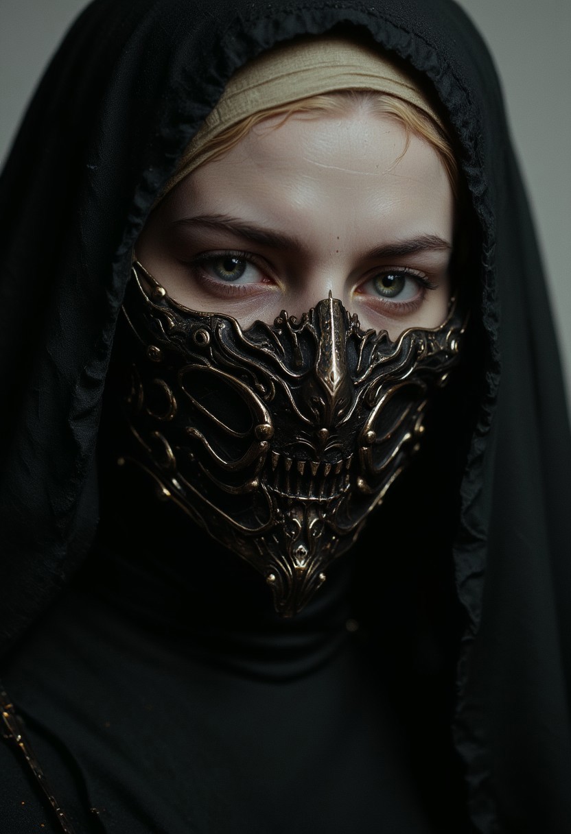 S1n0z1ck style, extreme Closeup of a beautiful nun in a traditional nun’s habit, but wearing a old iron mask. The mask shows intricate, Sci-fi details with sharp edges and deep relief. The lighting is cinematic, casting deep shadows on her face, emphasizing the dark nature of the mask. Hyperrealistic extreme closeup, capturing every fine detail with insane clarity, shot with a 64 megapixel DSLR in a vintage atmosphere. Detailed skin, detailed photorealistic eyes, volumetric lighting,