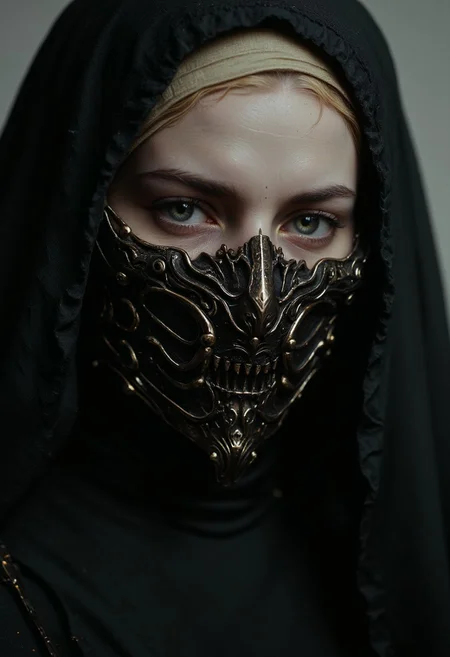 S1n0z1ck style, extreme Closeup of a beautiful nun in a traditional nun’s habit, but wearing a old iron mask. The mask shows intricate, Sci-fi details with sharp edges and deep relief. The lighting is cinematic, casting deep shadows on her face, emphasizing the dark nature of the mask. Hyperrealistic extreme closeup, capturing every fine detail with insane clarity, shot with a 64 megapixel DSLR in a vintage atmosphere. Detailed skin, detailed photorealistic eyes, volumetric lighting,