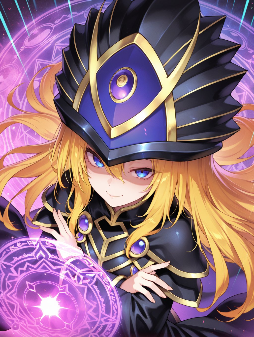 dark doriado,1girl,solo,looking at viewer,closed mouth,upper body,smile,black robe,black wizard hat,crossed arms,from above,light rays,magic,magic circle, shaded face, 
masterpiece,best quality,amazing quality,very aesthetic,absurdres,newest,<lora:Doriado 4 in 1 illusXL v1.1:0.7>,