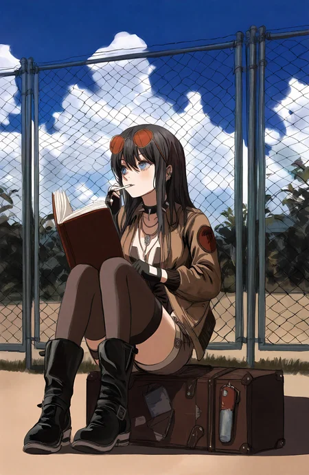 1girl, solo, long_hair, blue_eyes, black_hair, long_sleeves, gloves, thighhighs, holding, sitting, jacket, outdoors, boots, sky, shorts, day, cloud, fingerless_gloves, black_footwear, collar, looking_to_the_side, book, sunglasses, single_thighhigh, eyewear_on_head, spikes, holding_book, brown_jacket, cigarette, fence, spiked_collar, chain-link_fence, suitcase