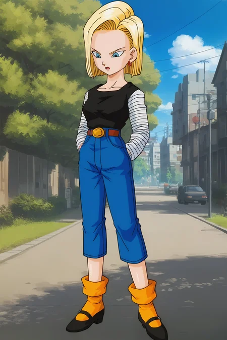 source_anime, score_9, score_8_up, score_7_up, anime screencap, high quality,
android 18, buu saga, 1girl, solo, breasts, short hair, open mouth, blue eyes, blonde hair, powerline, mary janes, earrings, outdoors, sky, day, loose socks, belt, high-waist pants, cloud, tree, looking down, denim, arms at sides, black footwear, black shirt, blue bottomwear, collarbone, eyelashes, from below, jeans, long sleeves, looking at another, orange legwear, midair, :o, shirt tucked in, striped sleeves, v-shaped eyebrows, v-shaped eyes, white sleeves
<lora:c18_pony:0.8>