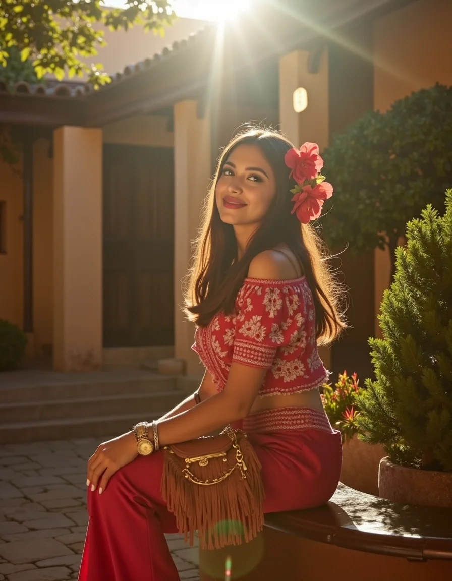 <lora:MexicanGFSV2:0.8> mxgfv2, analog photography, analog photo, ultra quality, ultra detailed image, ultra realistic, ultra lighting, cinematic, cinematic lighting, a beautiful Mexican woman in a patio of a beautiful hacienda, in a town square sitting on a bench, god rays on her face, wearing Mexican blouse, Mexican loose pants, Mexican huaraches, holding a beautiful Mexican purse, loose hair, with beautiful flowery adornment on her hair, looking at the camera, seductive smile, ultra detailed textures