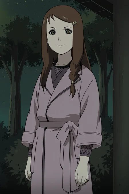 anime screencap, anime coloring, detailed face, masterpiece, best quality, very aesthetic, absurdres, volumetric lighting, official style, amazing quality, ultra detailed,  highres, amazing quality, scenery, beautiful detailed hair, beautiful detailed eyes
outside, at night,
 <lora:Yakumo_Kurama_Naruto:1>
Yakumo Outfit 1, Yakumo Kurama (character), 1girl, solo, long hair, brown hair, brown eyes, hair ornament, coat, hairclip, standing,
looking a the viewer, smile,