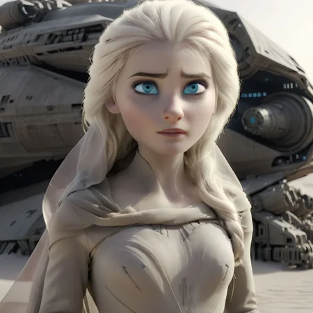 dystopian style wide angle, desert, Dune Environment, solo woman with veiled face, emotional look, white tan windy dress, old tattered dress, science fiction, giant machinery at background,  ziprealism,  SK_CINEMATIC, , bleak, post-apocalyptic, somber, dramatic, highly detailed in linen fabric, loosely woven, gorgeous cloth, highly detailed, (elsa /(frozen/), sysdeep_elsa:0.7), (white hair, blue eyes:1.3), solo, 7-Dune, (Dune, directed by Denis Villeneuve, cinematic, futuristic, sci-fi:0.7)