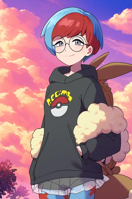 score_9, score_8_up, score_8, medium breasts, (curvy), cute, eyelashes, ,,, , ,,, zzPenny, grey eyes, glasses, short hair, red hair, blue hair, multicolored hair, round eyewear, two-tone hair, long sleeves, hood down, black hoodie, backpack, bag, brown bag, pantyhose, see-through skirt, <lora:Penny_Pokemon_PDXL:1.0>, ,,,, BREAK, smile, looking at viewer, cowboy shot, ,,, outdoors, sky, day, cloud, tree, blue sky, sunny, ,,, Expressiveh, ,,, <lora:Alola_Style_PDXL:0.8>, <lora:Expressive_H-000001:0.4>,