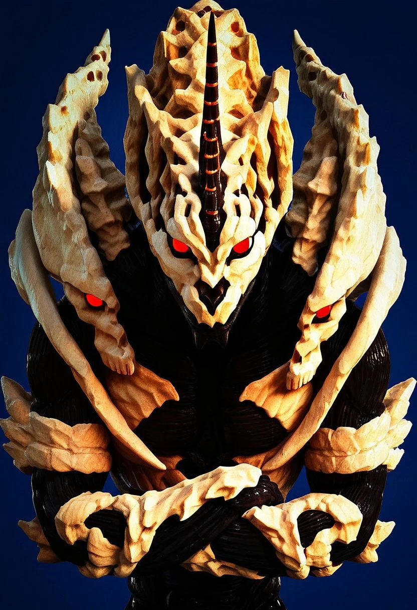 score_9, score_8_up, score_7_up, Expressiveh, masterpiece, best quality, highly detailed, realistic, (zPDXL3), 1boy, solo, (MXGZ, anthro, alien, monster, kaiju, horn, spikes, bone, red eyes, no pupils, black body, white body, two tone body), close-up, smile, closed mouth, (blue background, simple background), looking at viewer, standing, arms crossed, front view, upper body, muscular male