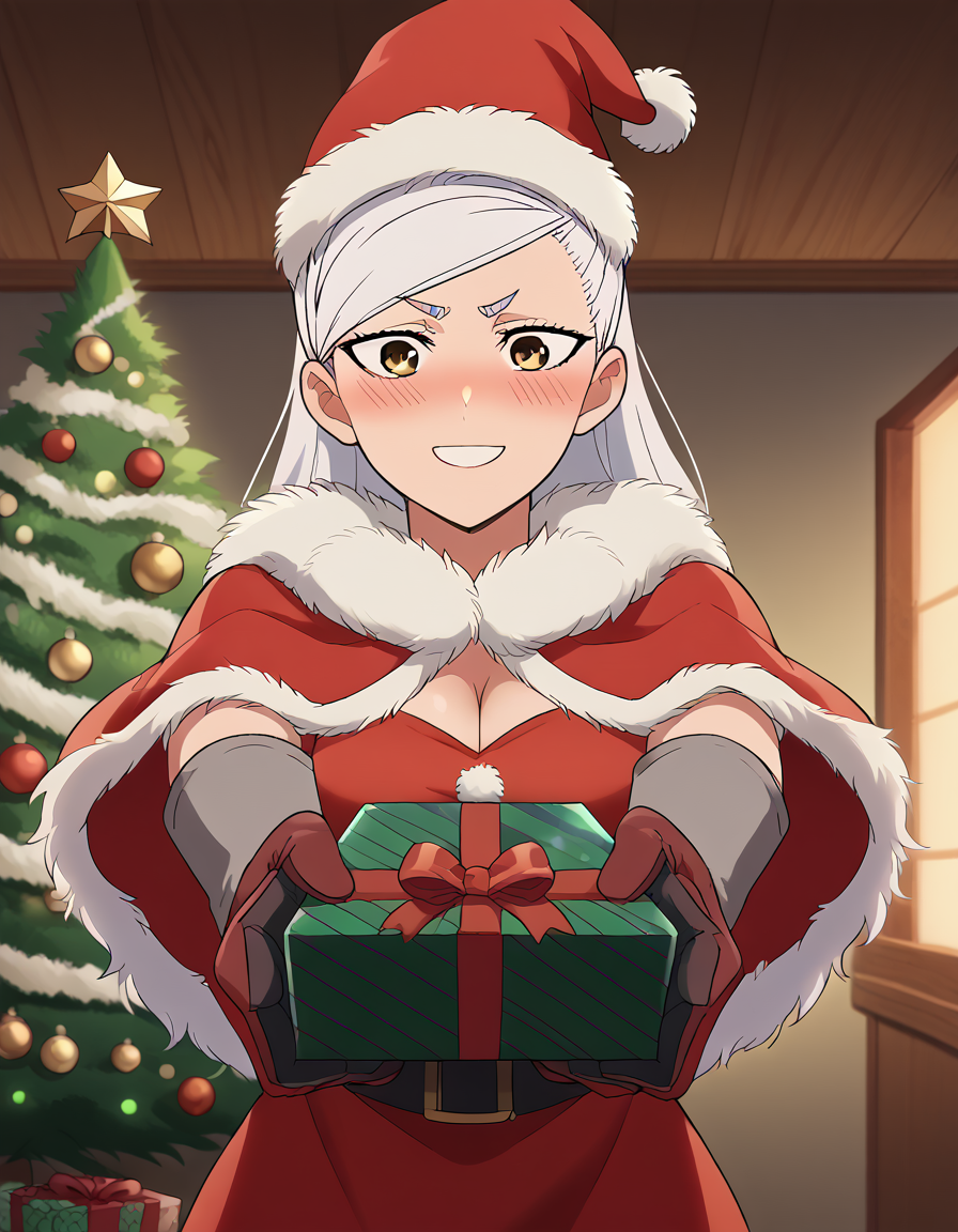 score_9, score_8_up, score_7_up, source_anime, <lora:saeko-ayase-s1-ponyxl-lora-nochekaiser:1>, saeko ayase, long hair, large breasts, white hair, brown eyes, anime screencap,, <lora:santa-costume-ponyxl-lora-nochekaiser:1>, santa costume, santa hat, christmas, sack, merry christmas, gift, fur-trimmed headwear, holding sack, santa dress, fur-trimmed dress, christmas tree, christmas tree, fur trim, red capelet, gift box, red gloves, fur-trimmed capelet, santa gloves, red hat, hat,, smile, blush, looking at viewer, <lora:incoming-gift-ponyxl-lora-nochekaiser:1>, incoming gift, outstretched arms, holding, holding gift, gift, gift box,, , dutch angle, cowboy shot