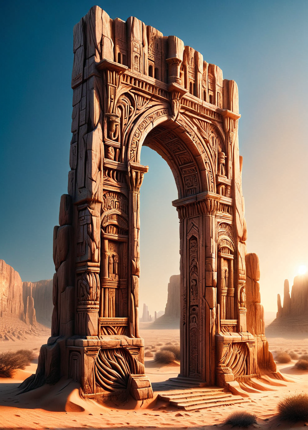 A mysterious ais-rghhwn gateway standing alone in the desert, with intricate carvings telling of an ancient civilization <lora:ais-rghhwn-sdxl:1>