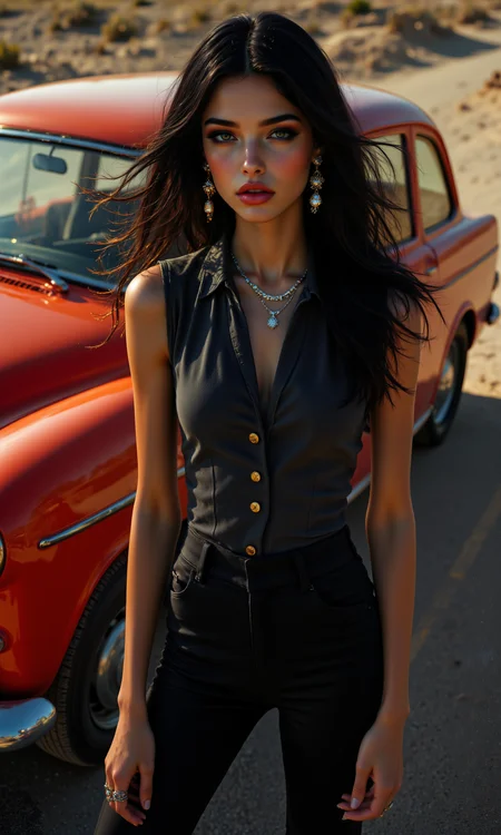 A breathtaking, high-fashion editorial photoshoot featuring Iman, styled in 1970s disco glamour by designers Giorgio Armani. She wears a tailored pantsuit, styled with dangly earrings. The color palette reflects the iconic tones of the decade: classic black and white. The outfit's fabrics include denim, perfectly capturing the aesthetic of the 70s. <lora:FLUX.1-DEV_-_Wild_1970s_Fashions_LoRA:0.8>, <lora:midjourney_whisper_avant_couture_v01:0.6>,
break
perfectly smooth jawline, no cleft chin, soft and defined chin, symmetrical and elegant facial features, well-balanced proportions, delicate and flawless face, smooth skin texture, sharp yet gentle jawline, natural beauty, high cheekbones, soft jaw curves, sleek, even facial structure, harmonious face symmetry, no dimples or clefts, clean and graceful profile, refined and polished appearance, seamless jawline transition, fine facial detail,
break
stretching pose, candid fashion, looking ahead, from below, slight tilt, close-up, tight framing, wind effect, looking at viewer,
break
8k, ultra photorealistic, cinematic lighting, warm tones with soft shadows, high dynamic range, subtle film grain, lens flare, and a warm golden-hour glow. Backgrounds feature vintage car, with slight bokeh for depth, capturing the essence of 1970s fashion in a fine art editorial style. aidmafluxpro1.1, <lora:aidmaFluxPro1.1Stylev0.2:0.7>, midjourney_whisper, <lora:midjourney_whisper_flux_lora_v01:0.5>, velvet_myst, <lora:Midjourney_Whisper_Chromaplex_Velvet_Myst_v01:0.6>,