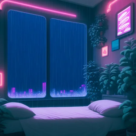score_9,score_8_up,score_7_up,score_6_up, steaming coffee cup on windowsill, plants on the windowsill, wall of plants, monstera plant, large plant, tidy bedrrom, small room, cramped bedroom, teddies on the bed, cyberpunk city view out of the window, neon light, purple neon lights, rain, rain outside, rain on the window