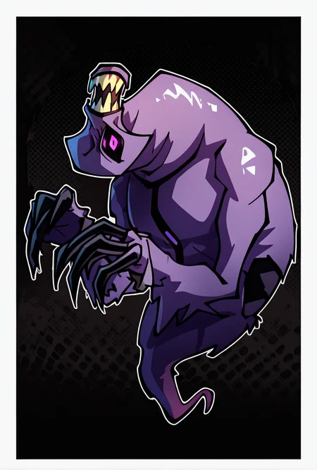<lora:zskayr-10:1> zskayr, no humans, solo, monster, teeth, black claws, pokemon (creature), single purple eye, , purple skin, sharp teeth, , black sclera,, ghost tail, upper body, , no legs, dynamic pose,   <lora:sakfsdajfkasd:1> alpharecdyt,, masterpiece, best quality, amazing quality, very aesthetic, absurdres, newest,, upper body, halftone effect, white borders, abstract background:1.2,