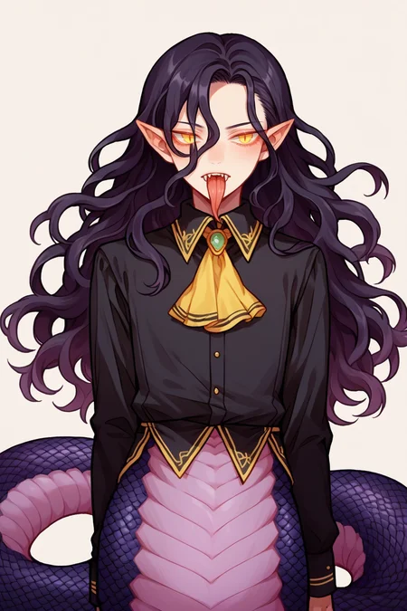 score_9, score_8_up, source_anime, androgynous, solo, <lora:NSLimstellaFE7:1> NSLimstellaFE7, black hair, long hair, yellow eyes, lamia, black scales, black shirt, ascot, pointy ears, forked tongue