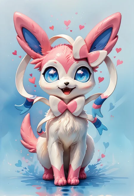score_9, score_8_up, score_8, 
Sylveon, solo, looking at viewer, open mouth, blue eyes, simple background, standing, tail, full body,  gradient, gradient background, no humans, animal, blue background, animal focus,
hearts, pink theme, 
looking at viewer, Watercolor
OverallDetail