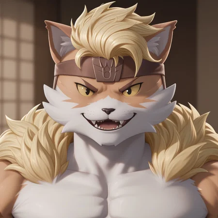 furry, solo anthro, male, smile, bust portrait, looking at viewer, Meowtooth, blonde hair, headband, mane, orange fur, white fur, muscles, bara, teeth, smile, feline, cat, detailed fur, detailed face, ng_deepnegative_v1_75t, Expressiveh
