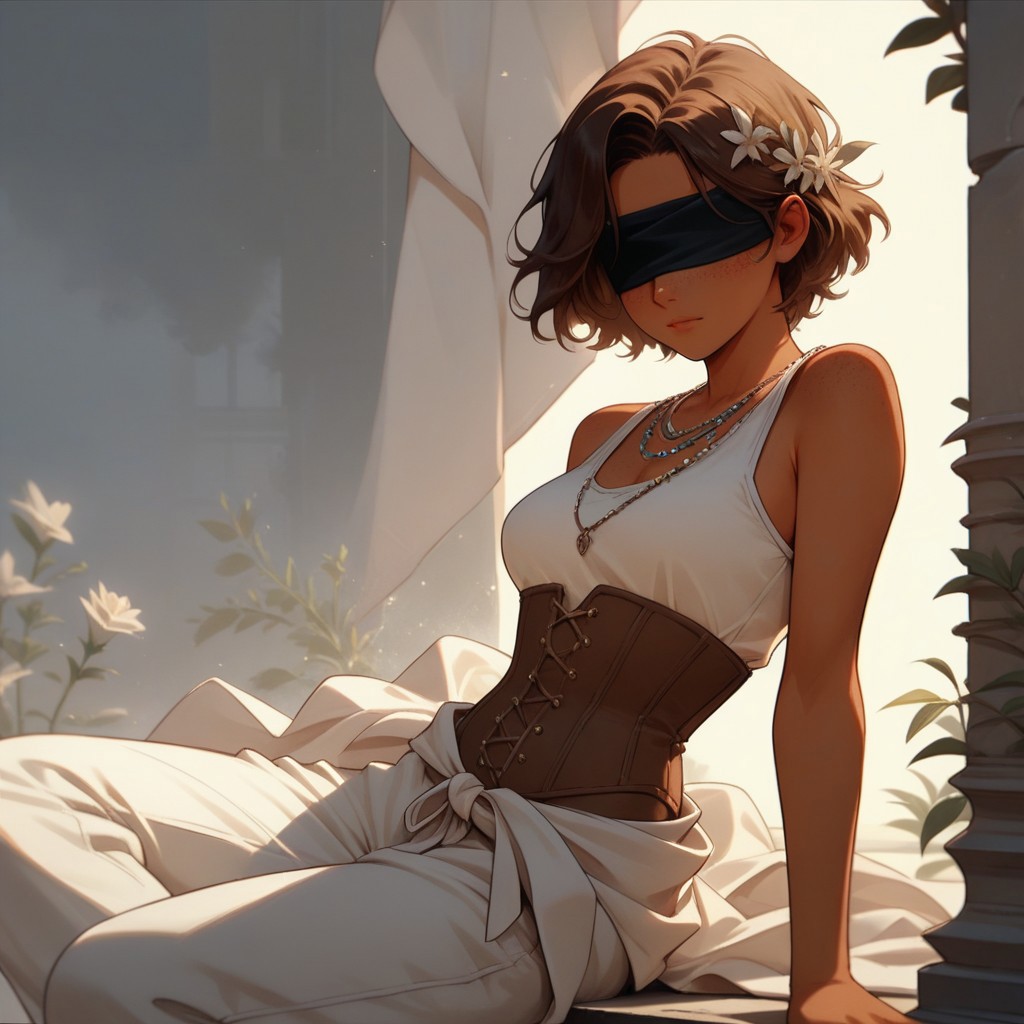 Score_9, Score_8_up, Score_7_up, (masterpiece), best quality, perfect face, perfect anatomy, anime girl, slim, medium breasts, hourglass shape, brown hair, short hair, dark skin and freckles, beautiful and trained bodysuit, white sleeveless shirt, brown corset that highlights her breasts and small waist, loose pants with openings on the sides, without shoes, hippie aura, peaceful , blindfolded, sing, elegant<lora: Concept_Masked_Lady:0.7>,