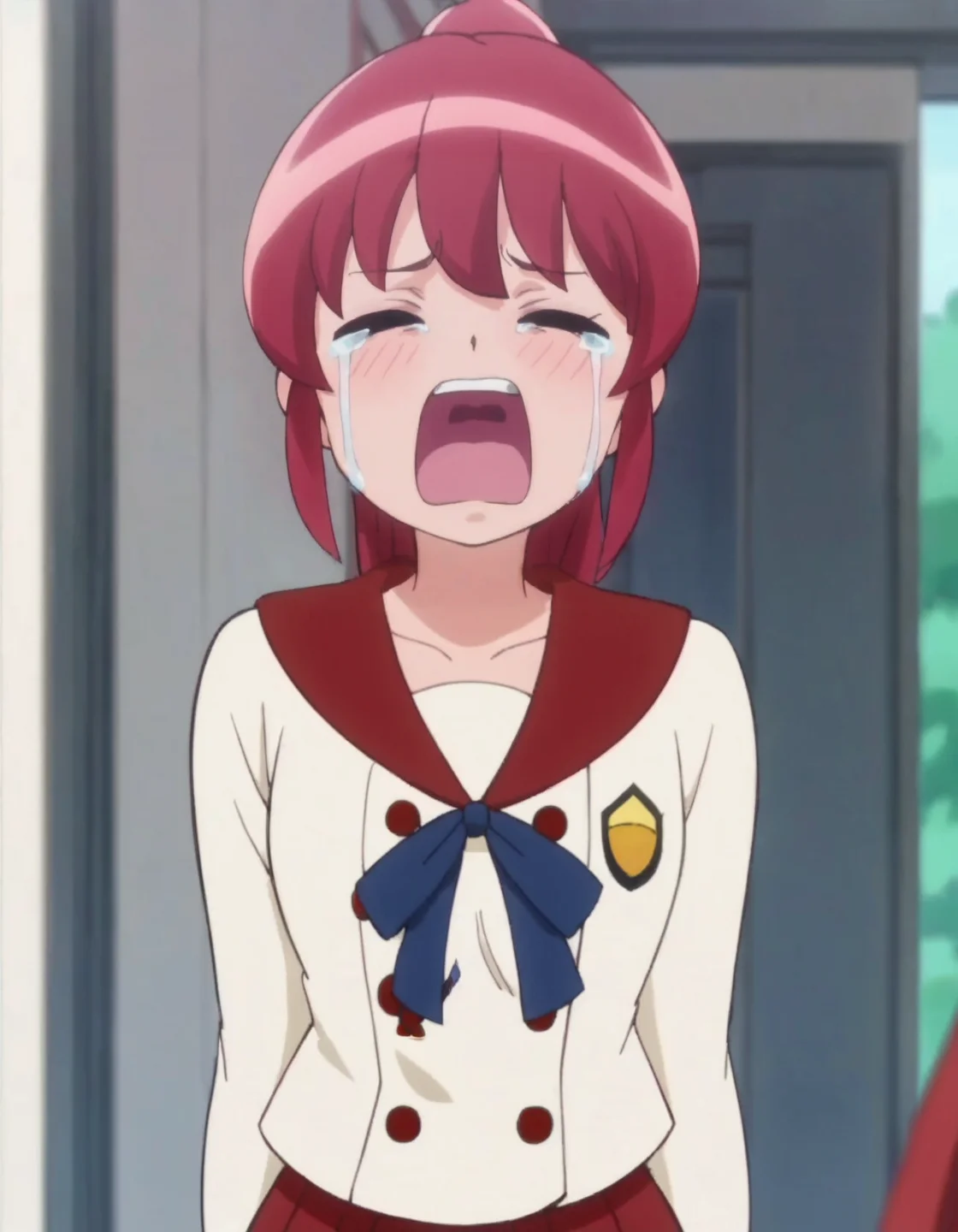 score_9, score_8_up, score_7_up, anime screencap, solo,1girl,ainomegumi,red sailor collar, school uniform, red skirt, serafuku, looking at viewer, cowboy shot,medium breasts,blush,closed eyes, open mouth,crying,screaming<lora:ainomegumi:0.8>