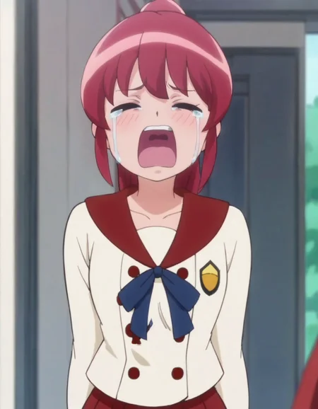 score_9, score_8_up, score_7_up, anime screencap, solo,1girl,ainomegumi,red sailor collar, school uniform, red skirt, serafuku, looking at viewer, cowboy shot,medium breasts,blush,closed eyes, open mouth,crying,screaming<lora:ainomegumi:0.8>