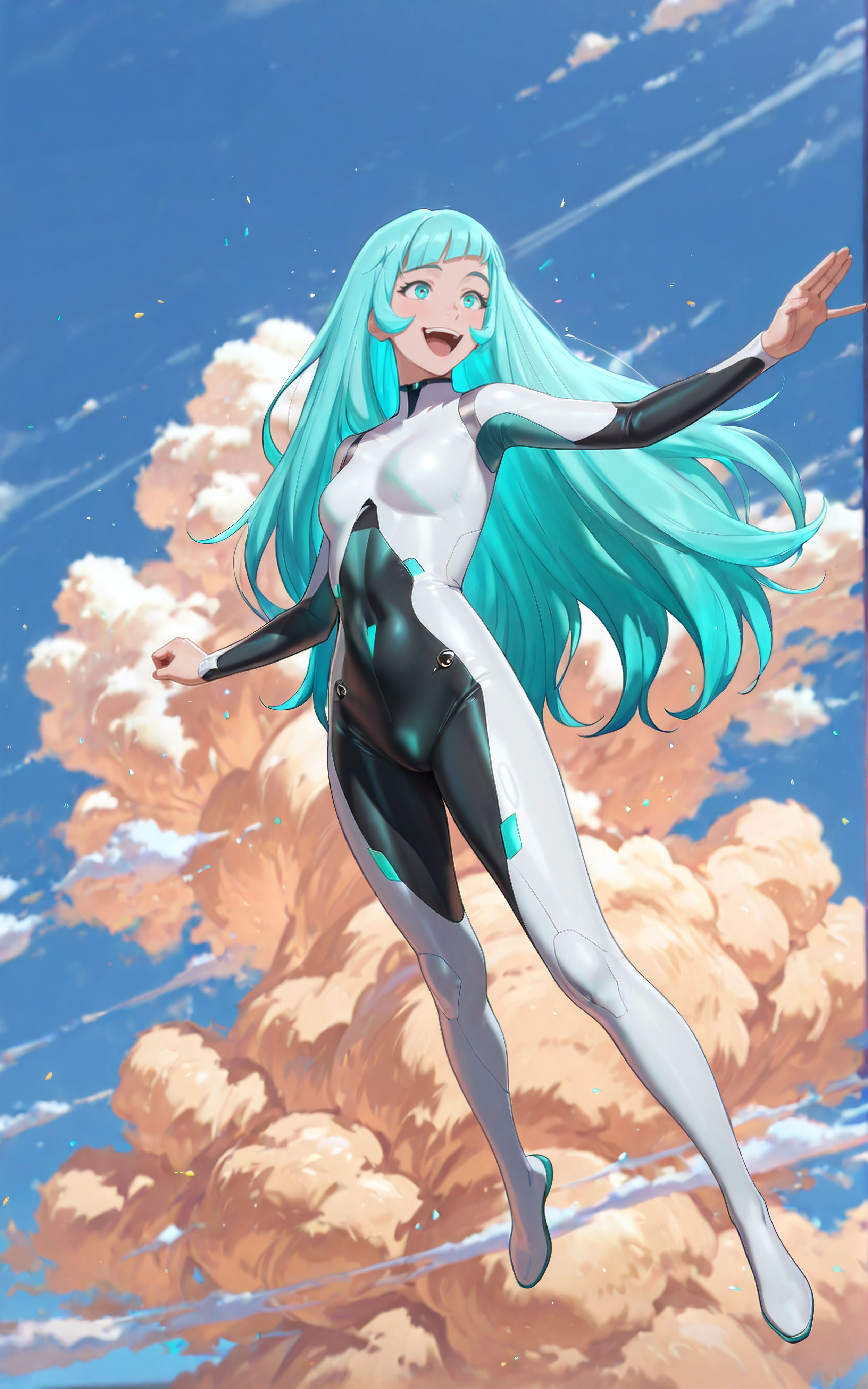((Masterpiece, Ultra Detail, Best Quality, Anatomically Correct, Fullbody View)) 
Flying Stance, in the Sky, looking excited
<lora:Mist_Pantheon:1> M1st, 1girl, aqua eyes, aqua hair, long hair, bangs