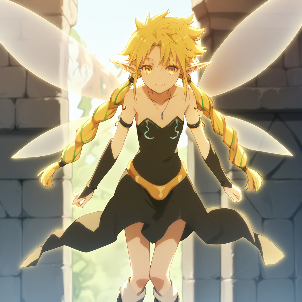 <lora:SlimesRamiris:1>, score_9, score_8_up, score_7_up, slimes_ramiris, woman, twintails, yellow eyes, fairy wings, smiling, elf ears, labyrinth background